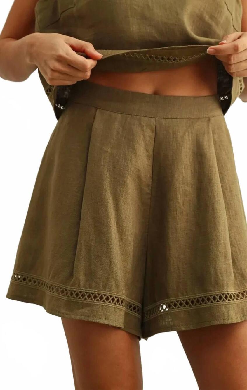 NEW MIOU MUSE stitch trimmed linen shorts in olive